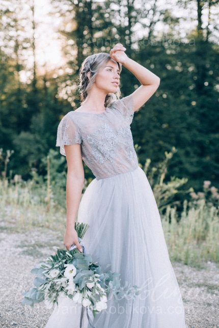 Delicate and airy grey wedding dress by Anna Skoblikova