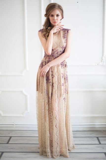 Beige Chantilly Lace Wedding Dress by Anna Skoblikova