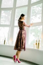 Simple berry red lace middle length wedding dress by Anna Skoblikova