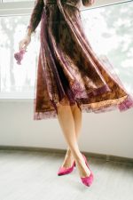 Simple berry red lace middle length wedding dress by Anna Skoblikova
