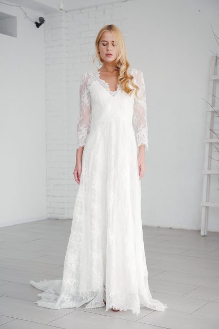 V back wedding dress with 34 sleeves by Anna Skoblikova