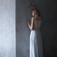 Sleeveless wedding dress with blue skirt by Anna Skoblikova