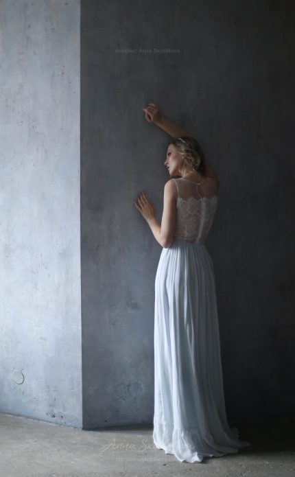 Sleeveless wedding dress with blue skirt by Anna Skoblikova