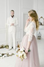 Light pink wedding dress with 34 sleeves by Anna Skoblikova