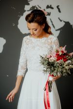 Transformer wedding dress with detachable skirt