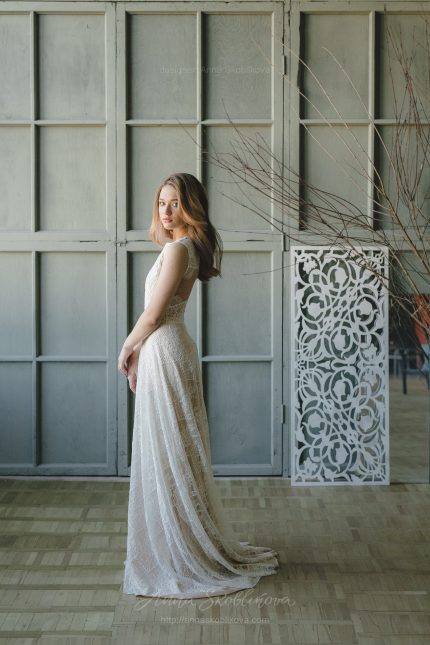 Champagne lace wedding dress with open back by Anna Skoblikova