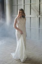 Champagne lace wedding dress with open back by Anna Skoblikova