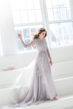 Classic long sleeves wedding dress of muted grey-lilac colour - Image 7