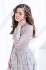 Classic long sleeves wedding dress of muted grey-lilac colour - Image 8