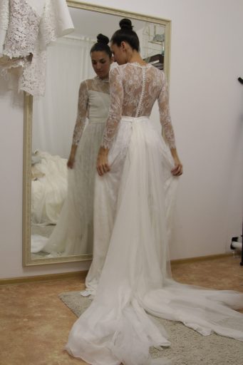 Classic long sleeves wedding dress of muted grey-lilac colour - Image 3