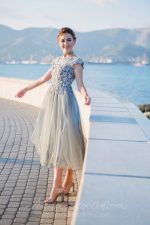Luxurious gray-green evening and wedding gown - Image 2