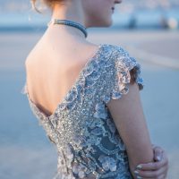 Luxurious gray-green evening and wedding gown
