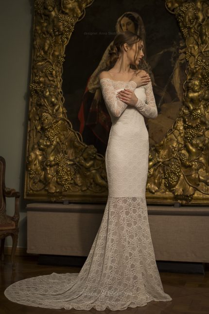 Olivia - Modest, charming, scattered lace wedding gown emphasizes the elegancy of shoulders and neck \\ Anna Skoblikova